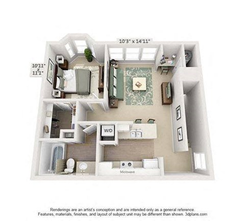 A 3D floor plan of a house with a living room, kitchen, and two bedrooms.