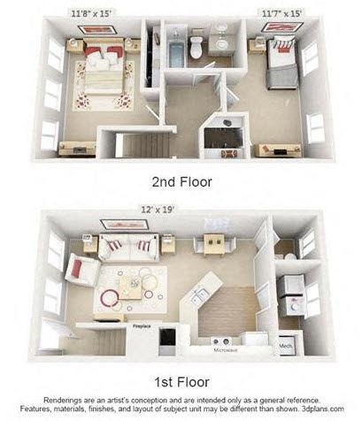 A 3D floor plan of a two-story apartment.