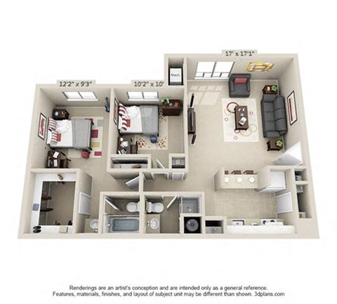 A 3D floor plan of a small apartment with two bedrooms, a living room, and a kitchen.
