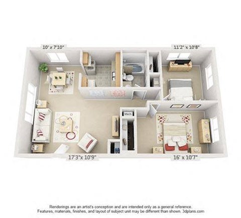 A 3D floor plan of a small apartment with a kitchen, living room, and two bedrooms.