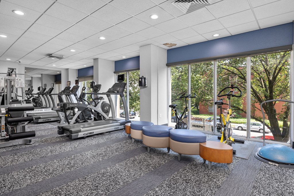 a fitness center with treadmills and other exercise equipment