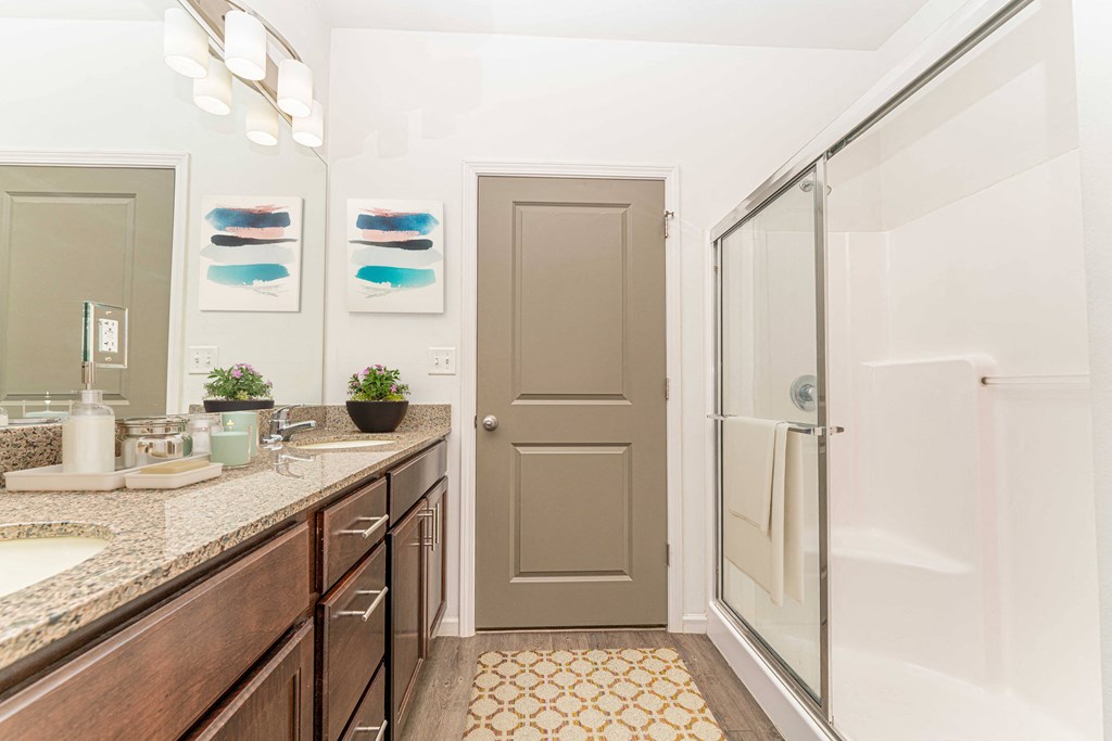 a bathroom with a sink and a shower
