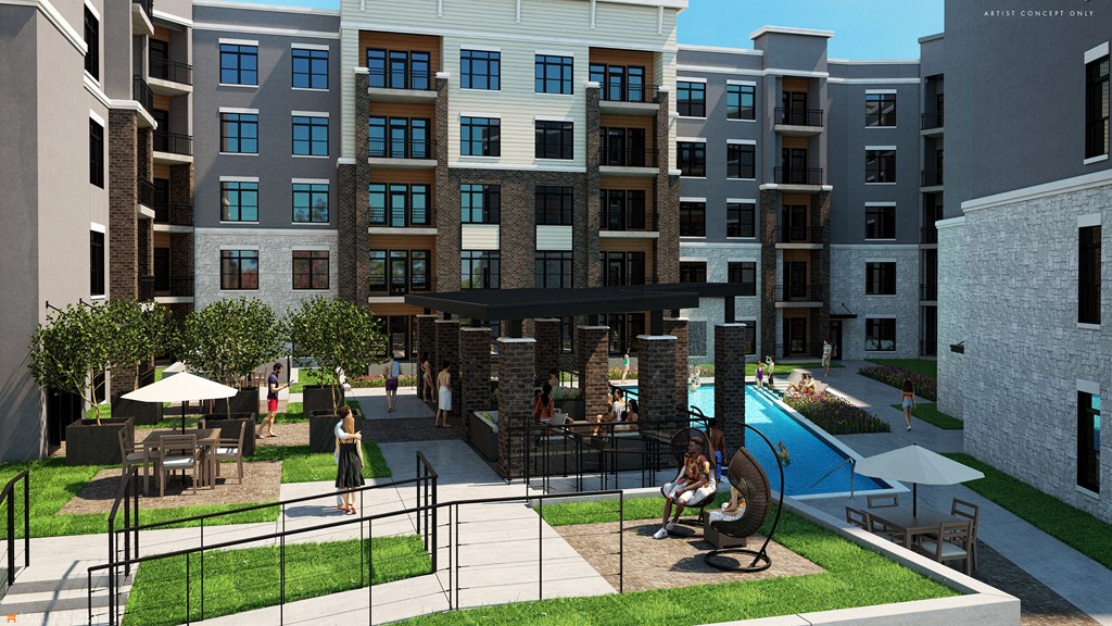 a rendering of an apartment complex with a pool