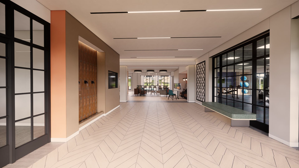 a rendering of a hallway with a bench and glass doors