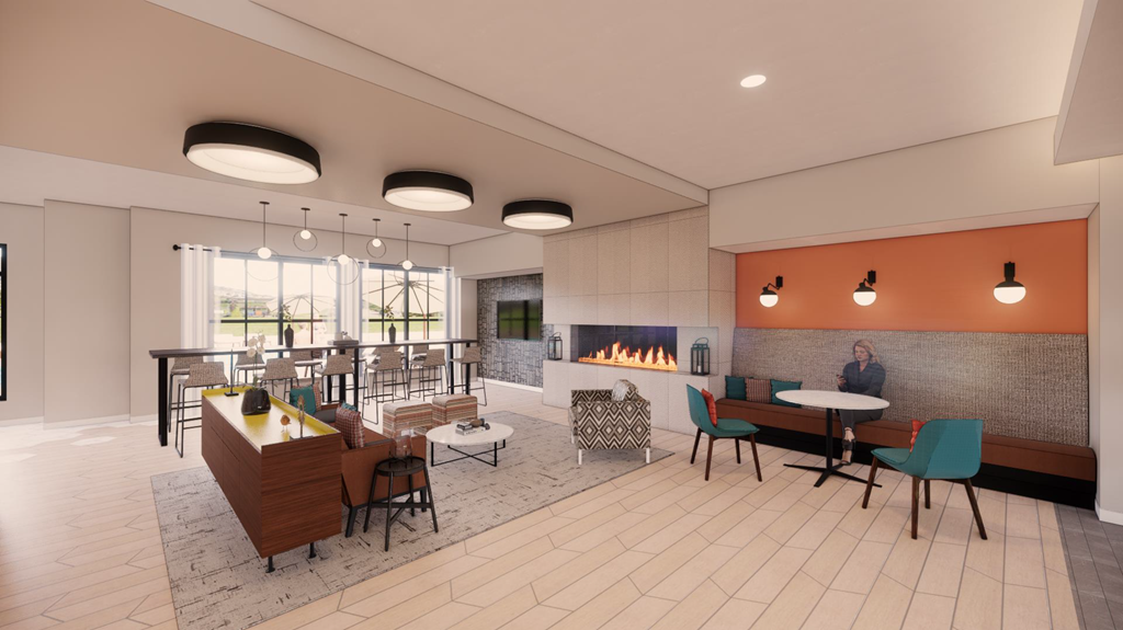 a rendering of a lounge area with a fireplace and tables and chairs