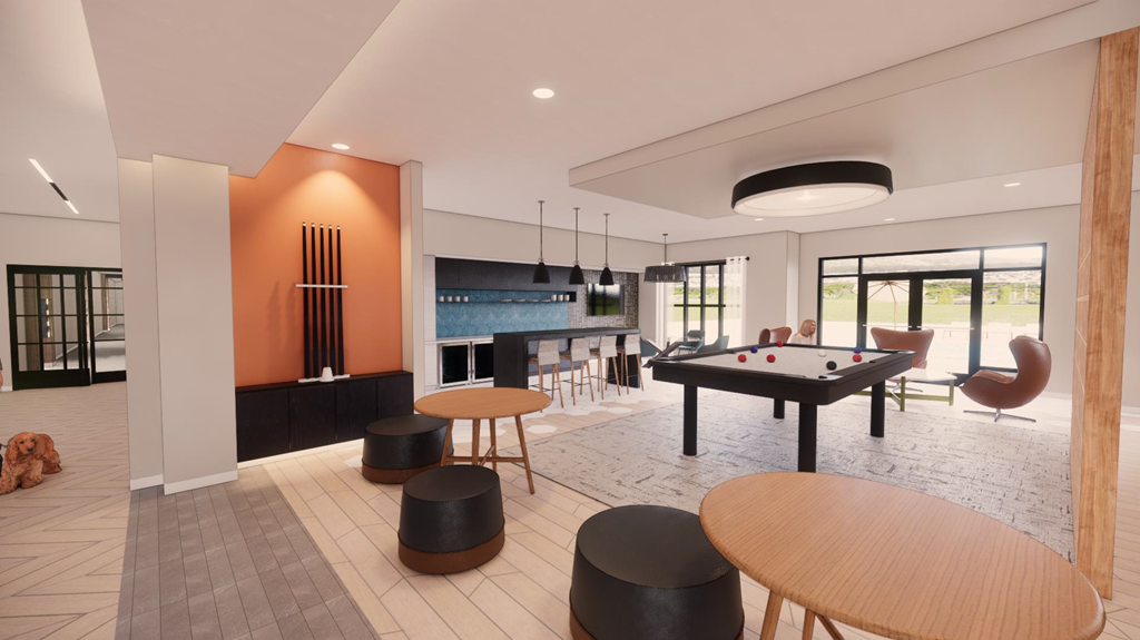 a rendering of a clubhouse with a pool table and bar