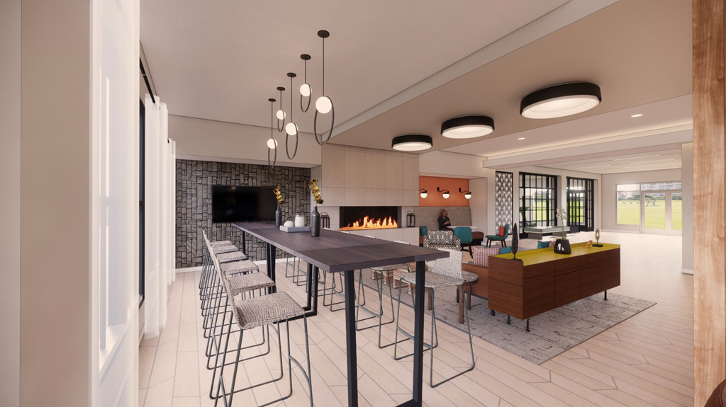 a rendering of a clubhouse with a fireplace and a bar with stools