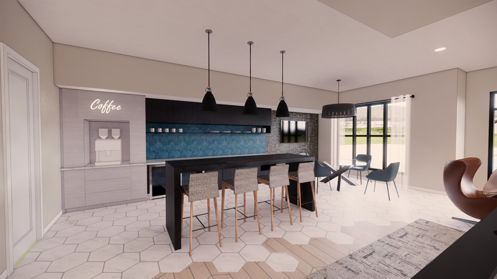 a rendering of a coffee shop and kitchen