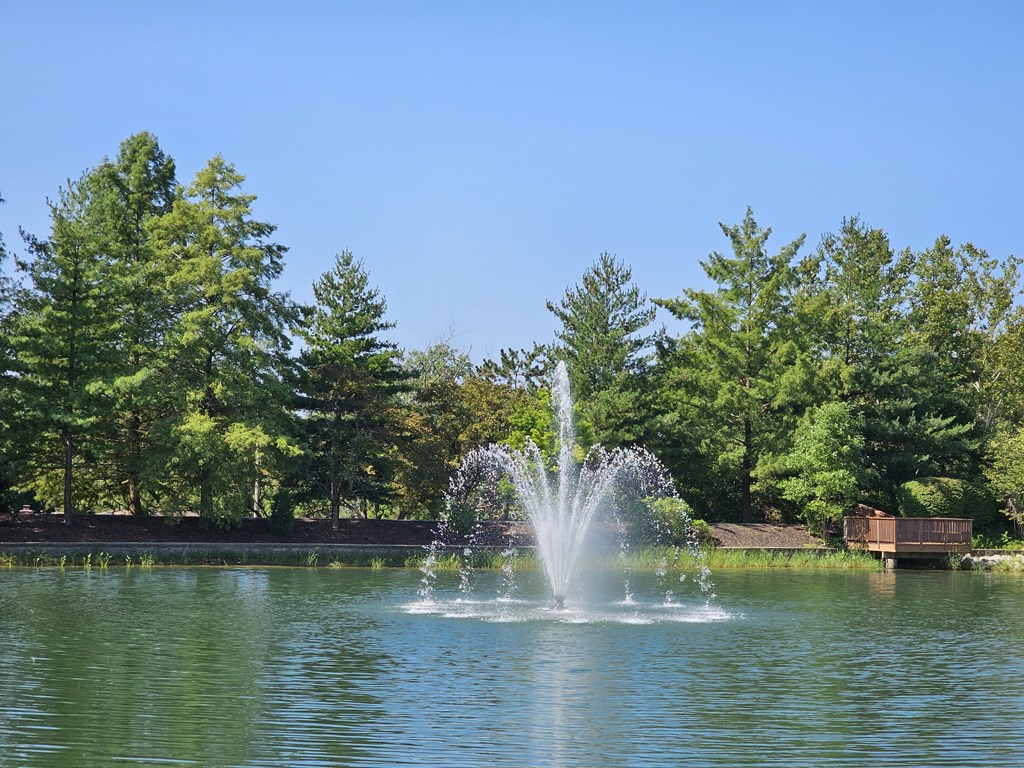 a fountain in the middle of a lake