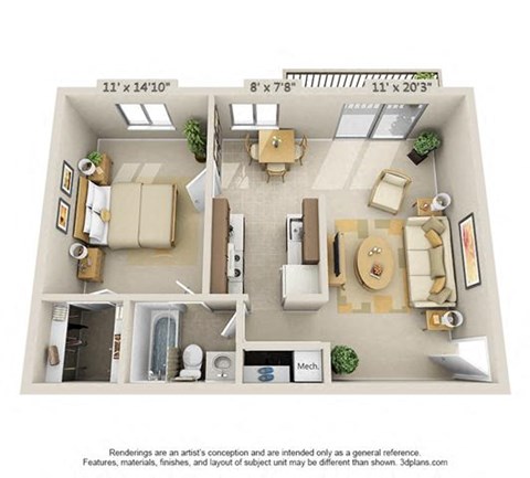 A 3D floor plan of a small apartment with a kitchen, living room, and bathroom.