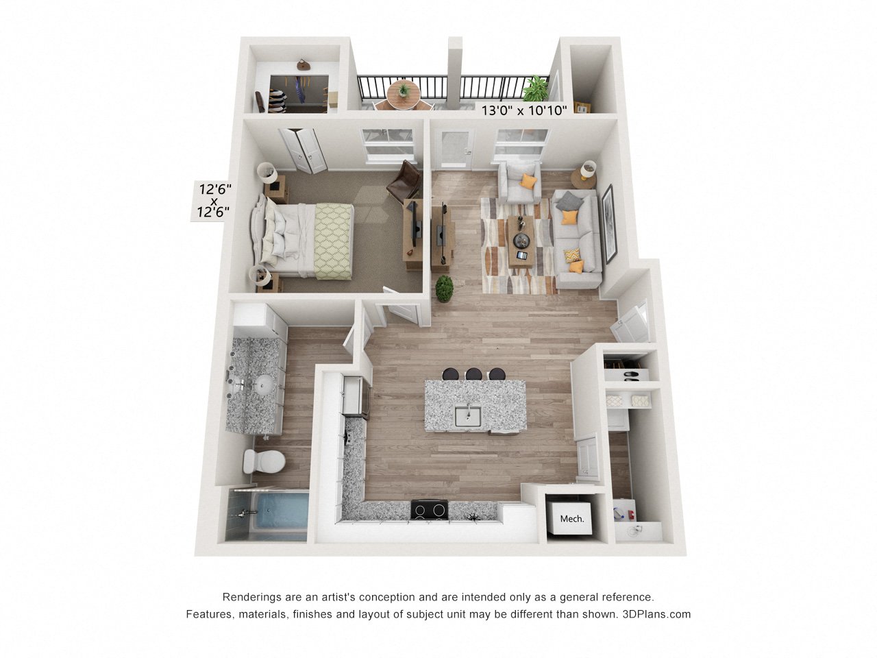 a furnished floor plan with a bedroom and a living room