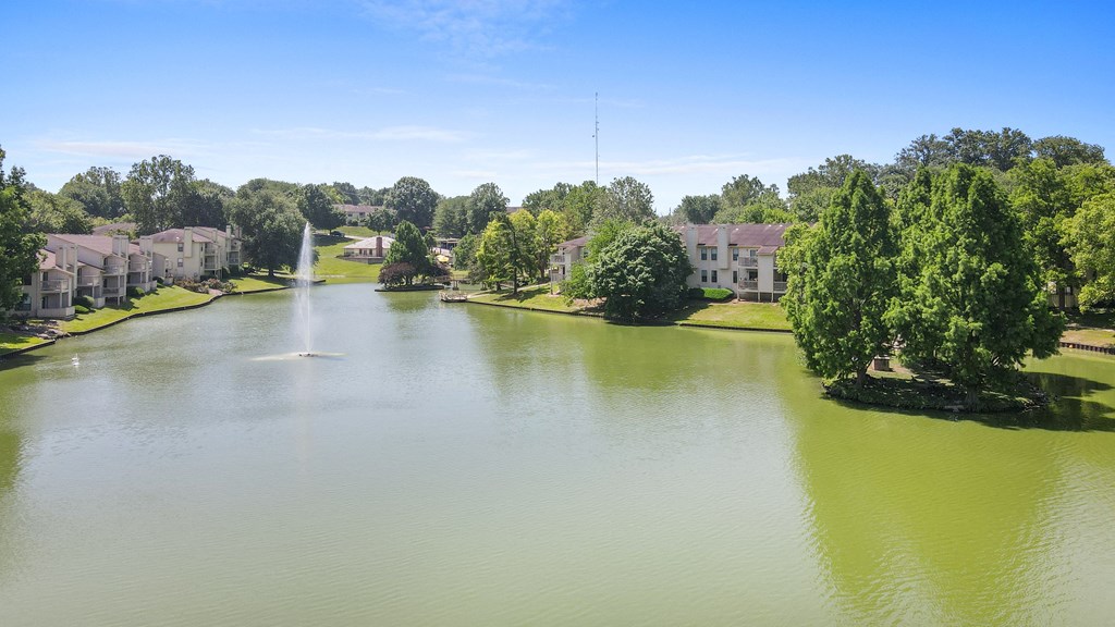 an aerial view of a lake with houses and a fountain