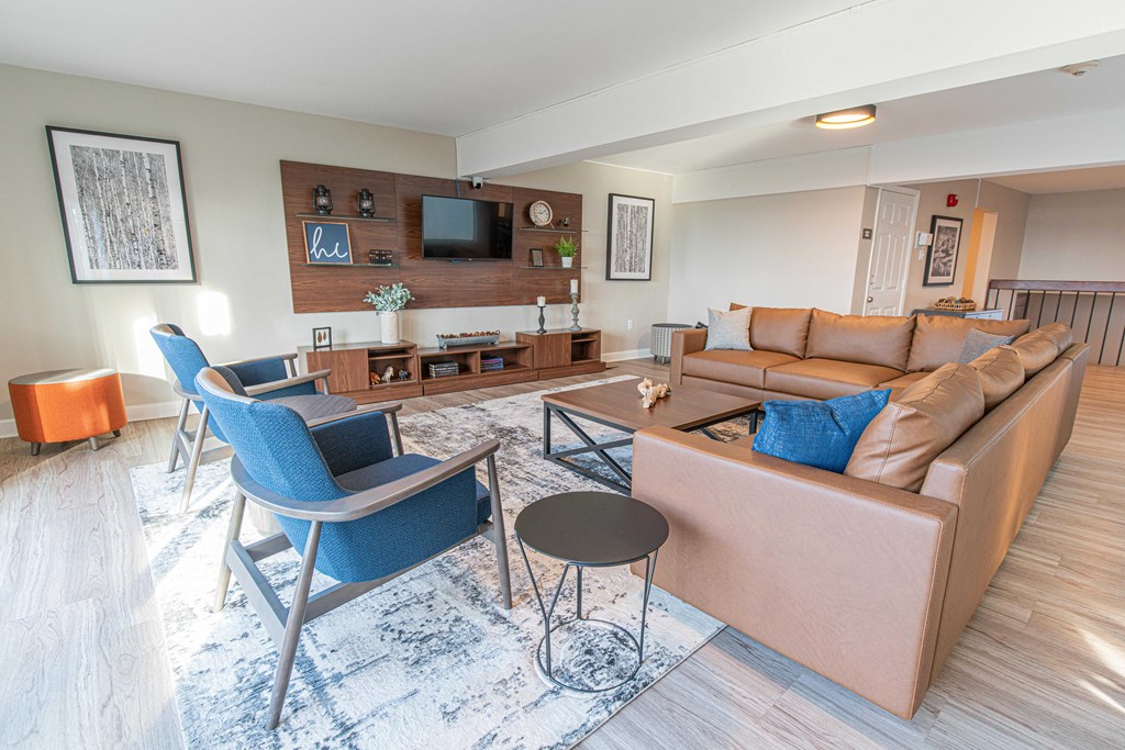 a living room with a couch and chairs and a television