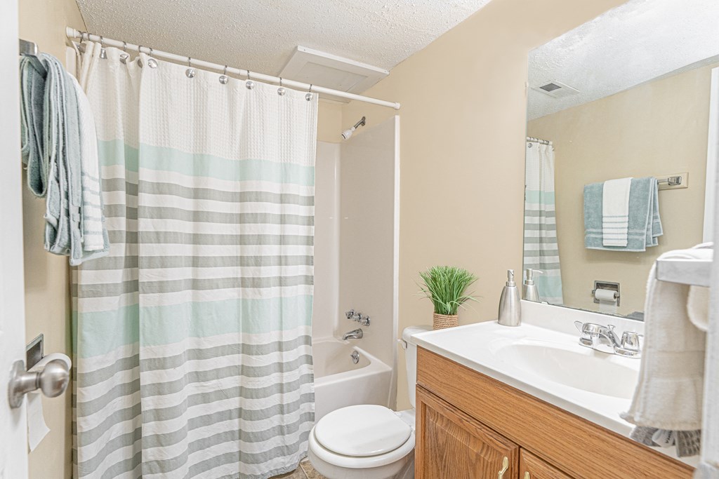a bathroom with a shower curtain and a sink and a toilet