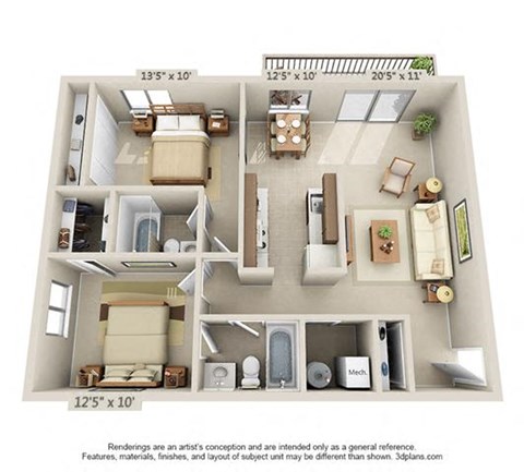 A 3D floor plan of a house with a kitchen, living room, and bathroom.