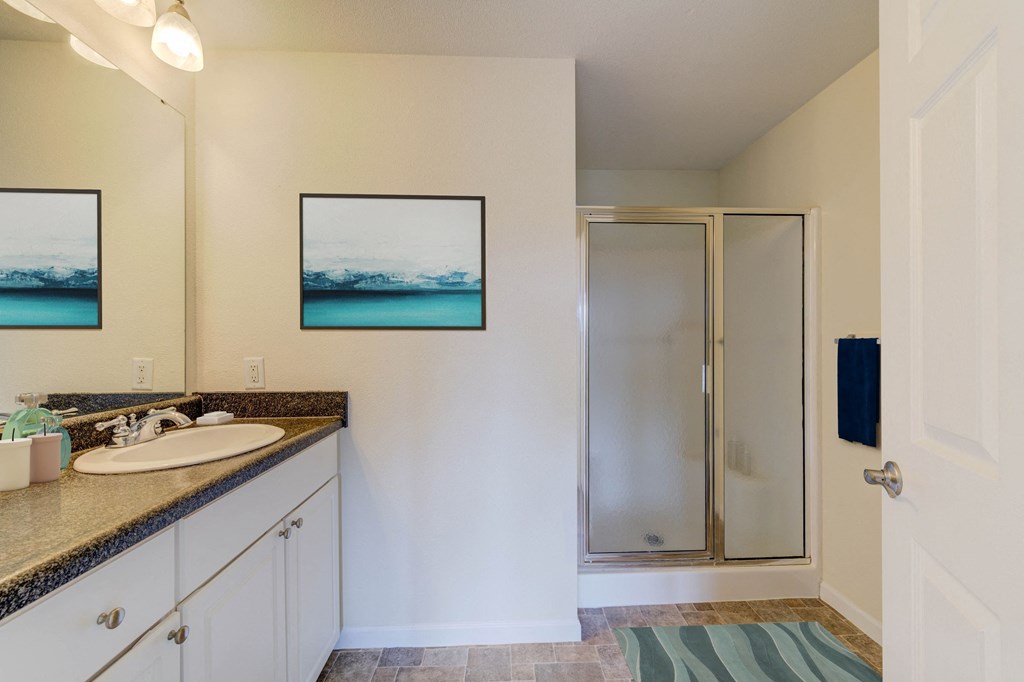 a bathroom with a sink and a shower