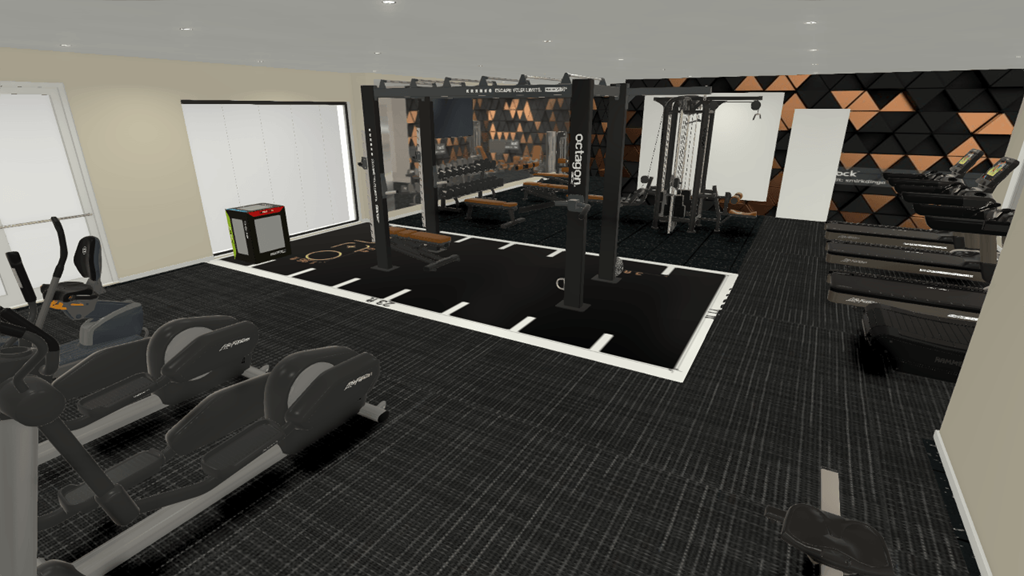 a virtual view of a gym with weights and cardio equipment