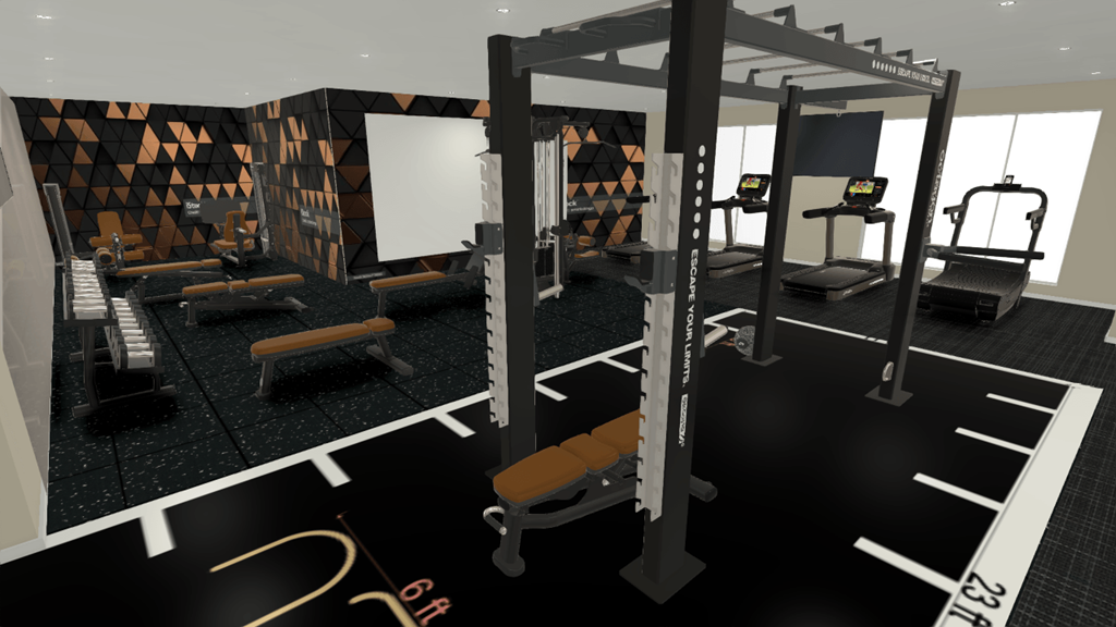 a virtual view of a gym with weights and equipment