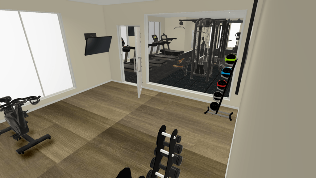 a virtual view of a gym with weights and cardio equipment
