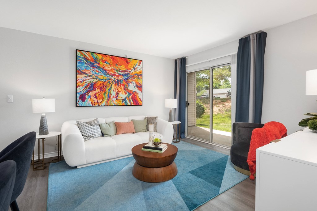 a living room with a couch and a coffee table