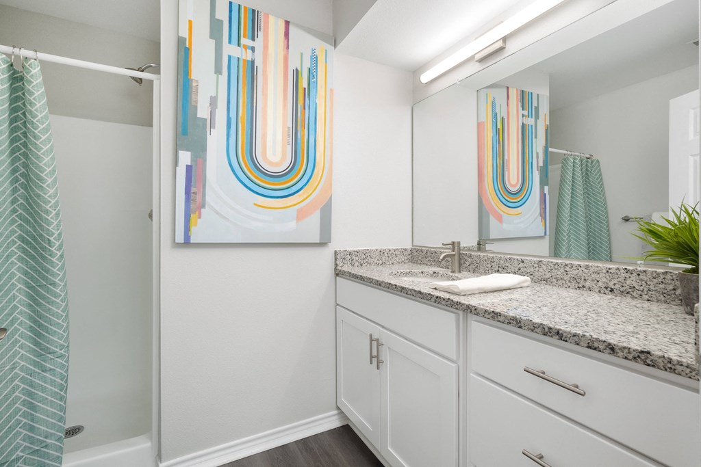 the preserve at ballantyne commons bathroom with granite counter top and shower