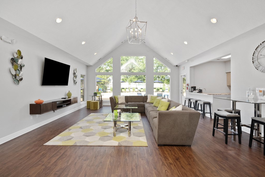 a living room with a couch and a table