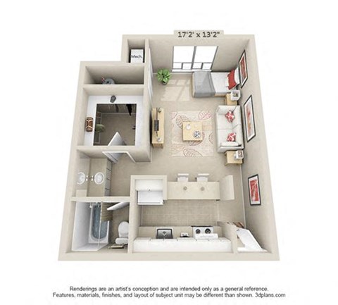 A 3D floor plan of a small apartment with a kitchen, living room, and bathroom.