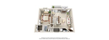 A 3D floor plan of a small apartment with a kitchen, living room, and bathroom.