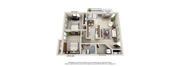 A 3D floor plan of a small apartment with a kitchen, living room, and bathroom.