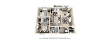 A 3D floor plan of a house with a living room, kitchen, and bathroom.