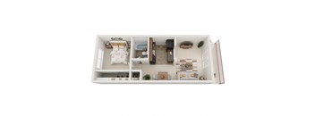 a stylized floor plan of a 1 bedroom apartment