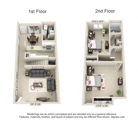 A floor plan of a two-story apartment with dimensions and furniture layout.