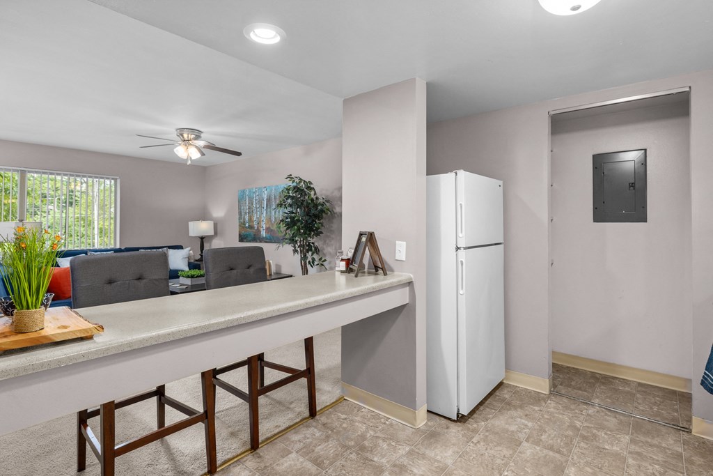 a kitchen with a  refrigerator