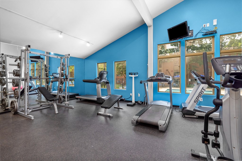 free weights and cardio machines at the enclave at woodbridge apartments in sugar land, tx