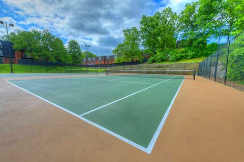 a tennis court with a fence and trees