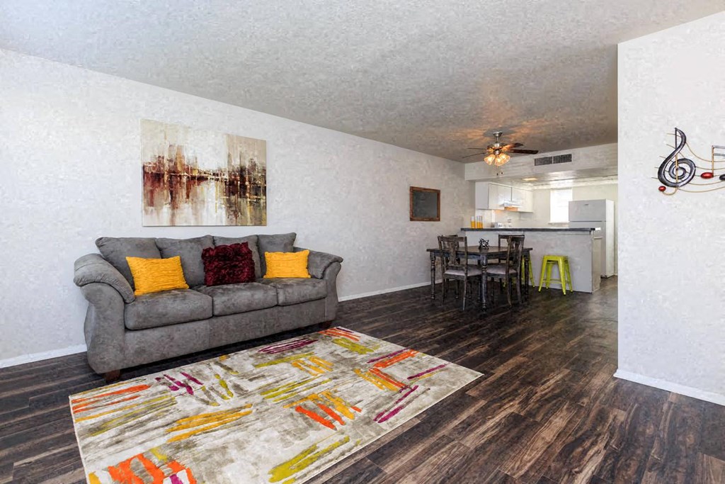 a living room and kitchen with a couch and a rug