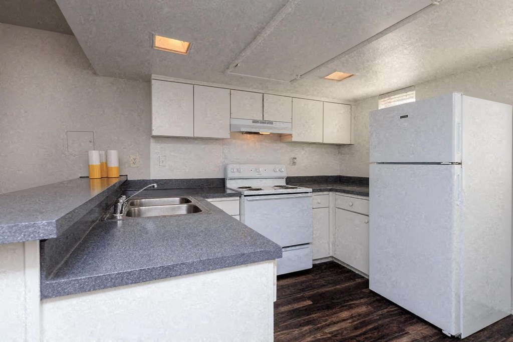 a white kitchen with a sink and a refrigerator