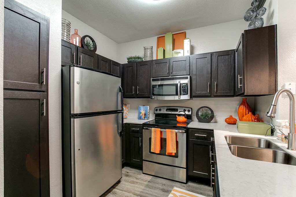a kitchen with stainless steel appliances and black cabinets
