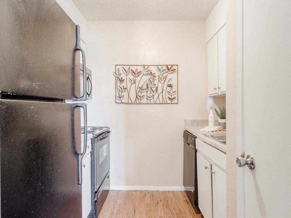 a kitchen with a refrigerator and a stove and a sink