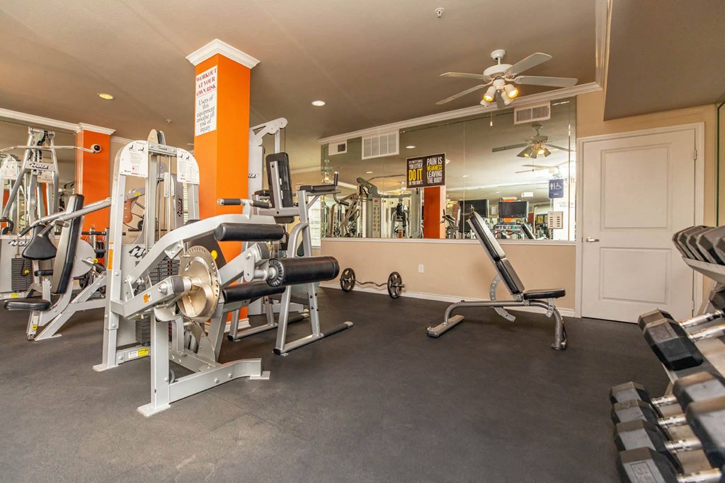 A gym with a variety of equipment including a leg press machine, a chest press machine, and a rowing machine.