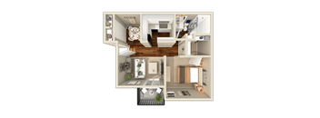 A 3D floor plan of a house with a kitchen, living room, and bathroom.