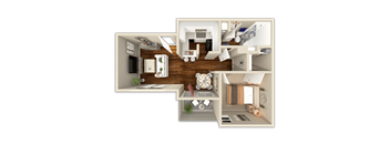 A 3D floor plan of a house with multiple rooms and furniture.