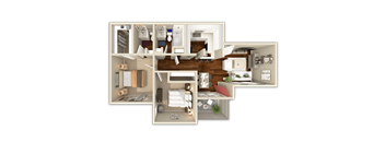 A 3D floor plan of a house showing the layout of the rooms.