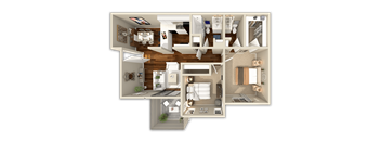 A detailed 3D floor plan of a two-bedroom apartment.