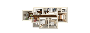 A detailed 3D floor plan of a two-bedroom apartment.