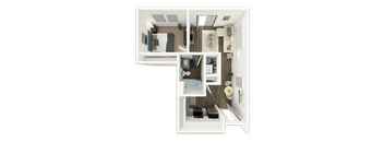 A 3D floor plan of a small apartment with a kitchen, living room, and bathroom.