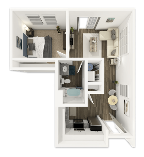 A 3D floor plan of a small apartment with a kitchen, living room, and bathroom.