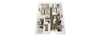 A top-down view of a small, neatly organized apartment with a kitchen, living room, and bathroom.