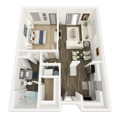 A top-down view of a small, neatly organized apartment with a kitchen, living room, and bathroom.