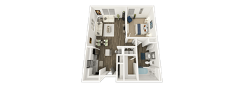 A 3D floor plan of a house with a living room, kitchen, dining room, and bedrooms.